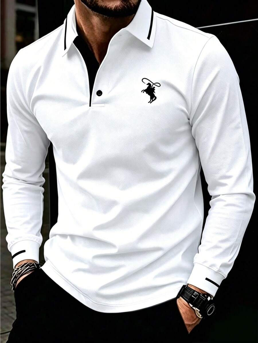Manfinity Homme 男士騎士印花撞色休閒日常長袖 Polo 衫 - 白色 - 查看 1