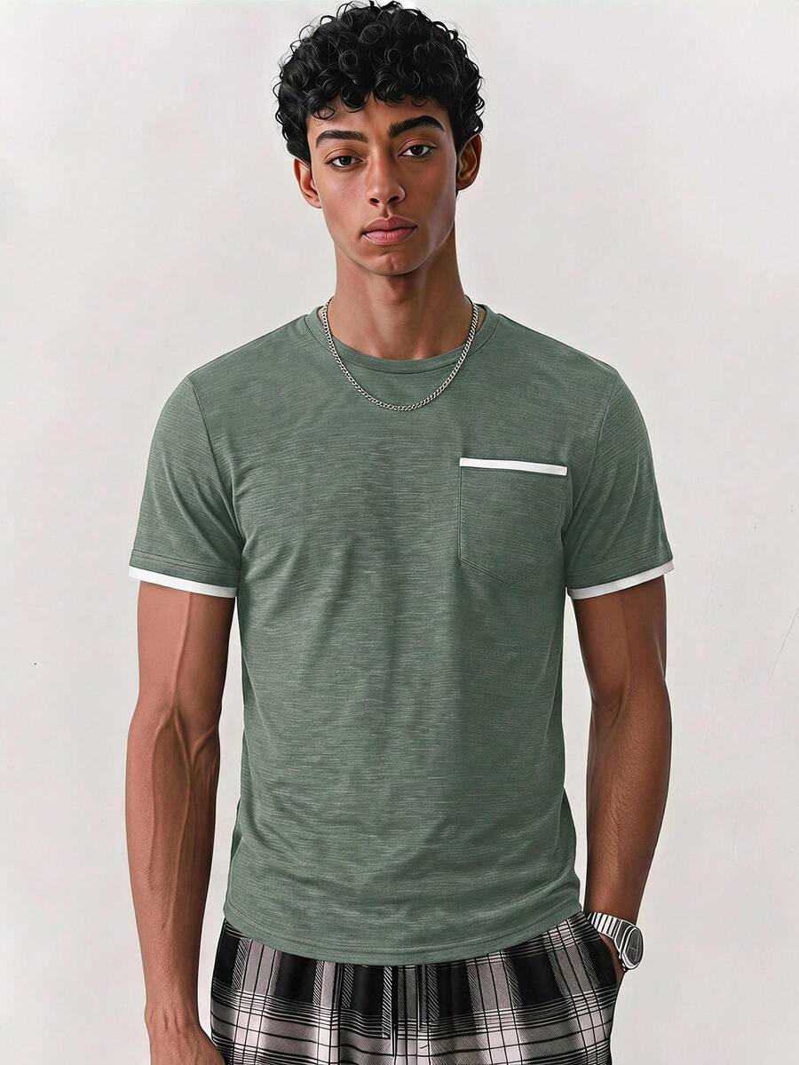 SWAVVY Men's Colorblock Crew Neck Casual Daily Summer T-Shirt - Olive Green - View 1