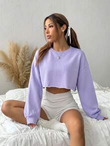 SHEIN EZwear 女款休閒百搭純色短版運動衫 - 紫色 - 查看 1