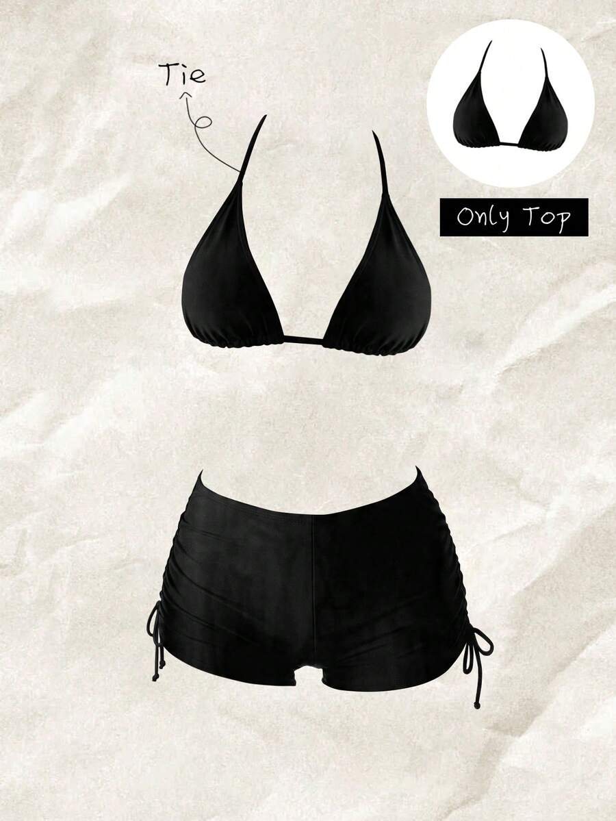 Elavelle Women's Solid Color Halter Bikini Top, Spring/Summer - Black - View 1