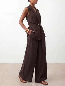 Zivah Elegant & Sophisticated Women's Autumn/Winter 2 Pieces Suit Set, Suitable For Office Wear: Metal Decor Sleeveless Blazer + Wide Leg Pants, Dark Brown - Brown - View 6