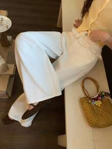 DAZY Casual Versatile Solid Color Wide Leg Denim Jeans - White - View 9