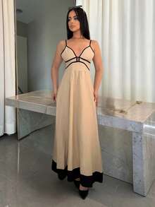 Vassilux 女款度假對比色性感細肩帶洋裝，夏季優雅女裝 - 杏色 - 查看 3