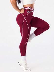 SHEIN Sports 女款字母印花高腰休閒百搭日常旅行運動內搭褲 - 酒紅色 - 查看 5