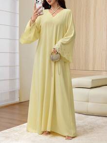 Yasmyna Cross Halter V-Neck Hollow-Out Burnout Long Sleeve Loose Textured Women's Dress - Yellow - View 6