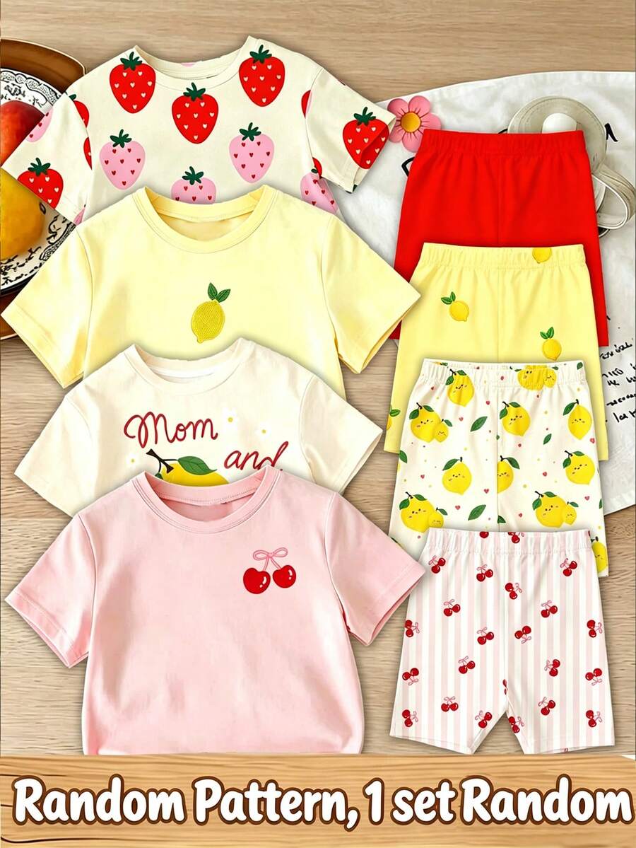 Souflis Souflis (Random 4 Sets,Send 1 Set)Girls Cute Fresh Lemon Strawberry Cherry Pattern Basic Short T-Shirt And Cycling Pants Set, Atmospheric Outfit - Multicolor - View 1
