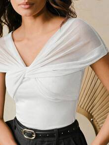 Anewsta 夏季新款白色針織拼接網紗露肩扭結優雅女款上衣 T-shirt，女款海灘穿搭，白色上衣 - 白色 - 查看 3