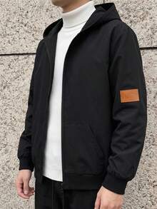 SHEIN 青少年男孩休閒黑色連帽拉鍊外套，附裝飾皮革貼片 - 黑色 - 查看 8