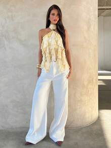Aloruh Women's Elegant Multi-Layer Ruffle Trim Stand Collar Fitted Tank Top,Summer Top - Pale Yellow - View 3