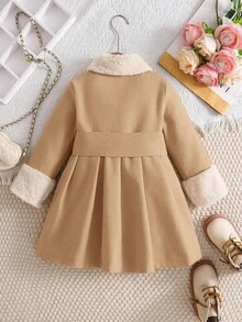 Emery Rose Kids Emery Rose Kids 少女秋冬百搭時尚拼接毛絨領中長版大衣，保暖內裡羊毛外套，秋冬外套 - 駝色 - 查看 3