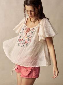 Bohemela 夏/秋度假刺繡花卉圖案梭織寬鬆女款襯衫，日常穿著，鄉村音樂會派對，返校季 - 彩色 - 查看 6