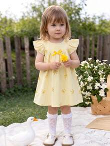 SHEIN Vintaside Kids Vestido para bebé niña pequeña/recién nacida 0-3 años primavera/verano casual versátil lindo dulce divertido con mangas de volantes - Amarillo - Ver 4