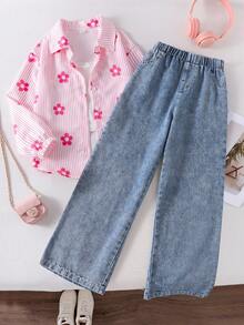 SHEIN Elladie kids 2件組女童條紋長袖上衣與寬鬆淺藍色牛仔褲，甜美休閒套裝，適合春秋日常穿著 - 粉色 - 查看 7
