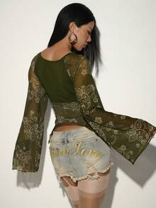 SHEIN Jeanoir Women's Long Sleeve Blouse, Spring Summer Autumn, Olive Green Multi-Color Mesh Floral Print Knit Patchwork, Fashion Vintage Sexy Boho Going Out - Multicolor - View 2