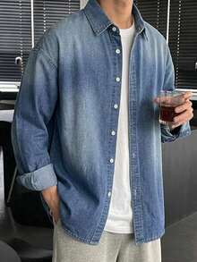 DAZY Kemeja Denim Kasual Lengan Panjang Kancing Tunggal untuk Pria Musim Gugur - Biru - View 7