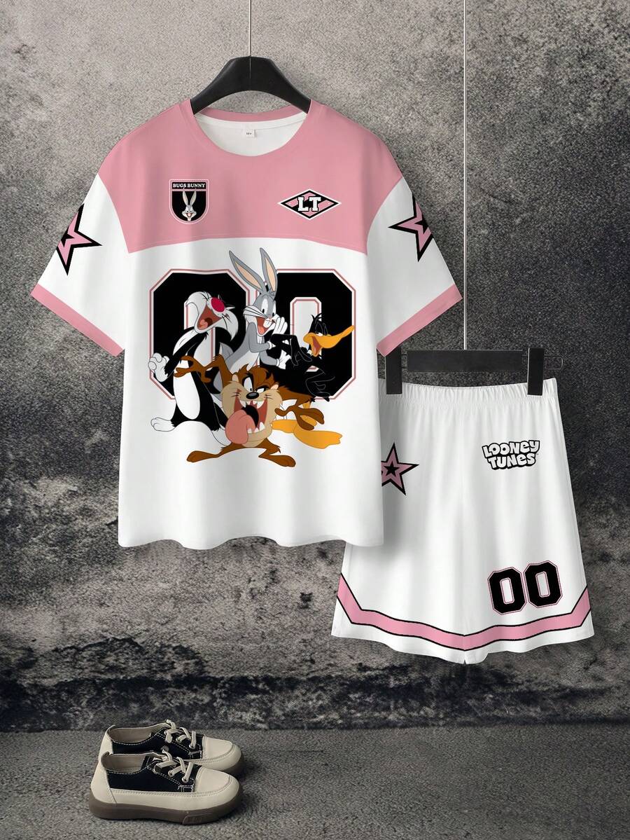 LOONEY TUNES X SHEIN 青少年男孩圓領卡通印花拼色短袖T恤與短褲休閒日常套裝 - 白色 - 查看 1