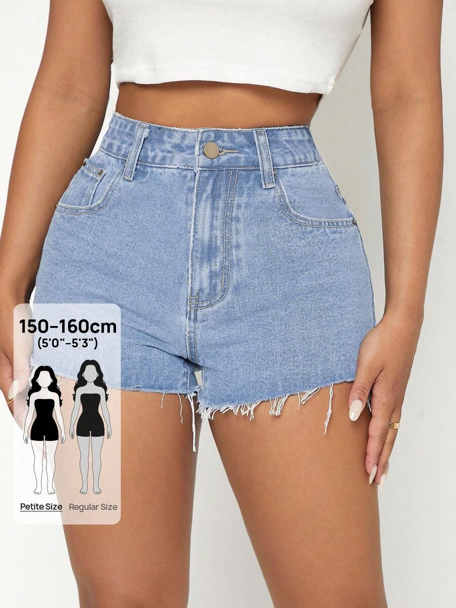 SHEIN PETITE 原色毛邊牛仔短褲,小碼女款 - 淺色水洗藍 - 查看 1