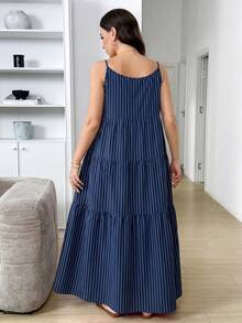 Comfylo Striped Plus Size Women's Pleated Casual Party Travel Spaghetti Strap Dress - Multicolor - View 2