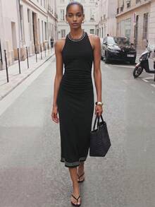 Gossip Girl X SHEIN SHEIN Maija Women's Rivet Decor Ruched Waist Elegant Midi Dress For Party Dinner Party Night And Occasion,Going Out Outfits,Black And White - Black - View 1