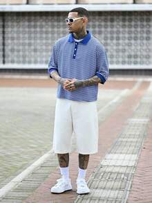 Devon Thys 休闲时尚男士条纹印花复古短袖T恤，春夏款 - 藍白色 - 查看 3