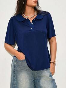 Elenzga Plus Size Women's Fashion Casual Lapel Pearl Button Short-Sleeve T-Shirt, Summer Outfit, Solid Color Navy Blue Top Bussines Office - Blue - View 8
