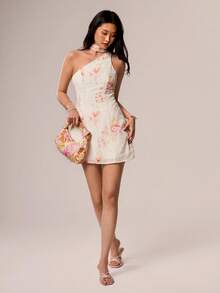 Willow Rêve Women's Pink Floral Halter Neck Scarf One-Shoulder Mini Dress, Romantic Elegant Wedding Style, Boho Style, Summer Garden Party Brunch - Beige - View 5