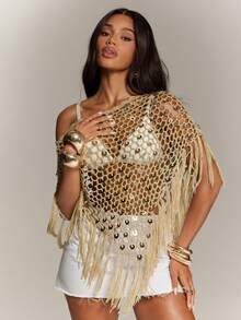Denimoi Vacation Beach Club Sequin Decorated Tassel Hem Cover-Up, Party Going Out Beige Summer Sexy - Khaki - View 3