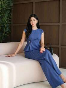 DAZY Conjunto de ropa de verano para vacaciones y oficina ligera para mujer, top elegante y pantalones de pierna ancha, conjunto de 2 piezas - Azul - Ver 9