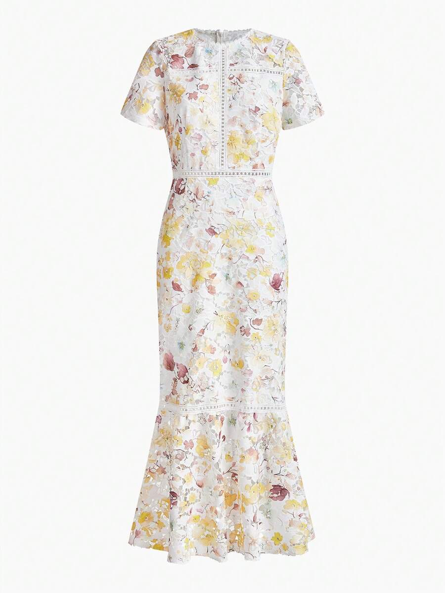 MOTF PREMIUM 女款優雅浪漫古伊普蕾絲花卉印花魚尾裙擺洋裝,白色花卉夏季款,適合婚禮、單身派對、新娘母親穿著 - 黃色 - 查看 1