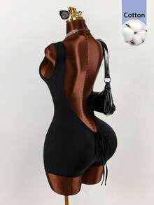Amplova Women's Solid Color Backless Round Neck Sleeveless Fashionable Minimalist Tight Jumpsuit, Summer - Black - View 2