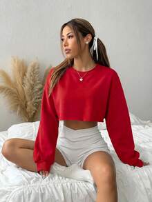 SHEIN EZwear 女款純色百搭極簡短版長袖運動衫，適合日常穿著 - 紅色 - 查看 6