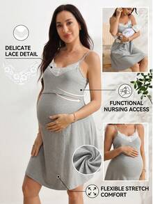 SHEIN Sleeveless Nursing Dress, Simple Lace Trim Design Maternity Summer Wear Photoshoot Postpartum Lounge Delivery - Grey - View 8