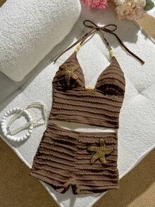 Bonvoyette 2026 New Women's Summer Beach Vacation Two-Piece Bikini Set, Special Striped Textured Fabric, Spaghetti Straps, Spaghetti Strap, Beaded Hollow Triangle Backless Sexy Solid Color Ruched Starfish Applique Tank Top And Bikini Bottoms - Brown - View 3