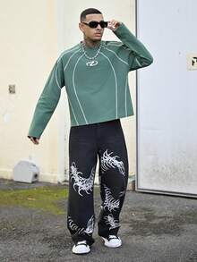 Devon Thys Men's Geometric Print Contrast Stitching Crew Neck Long Sleeve Casual T-Shirt - Green - View 3