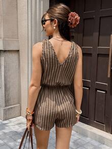 Serisse Women Texture Button Decor Elastic Waistband Summer Simple Casual Romper Beach Brown Striped - Coffee Brown - View 3