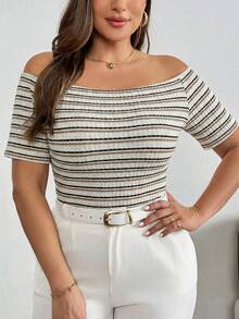 Shapeblank Plus Size Women's Spring And Summer New Fashion Casual Vacation One-Shoulder Striped Short-Sleeved Tight T-Shirt - Beige - View 4