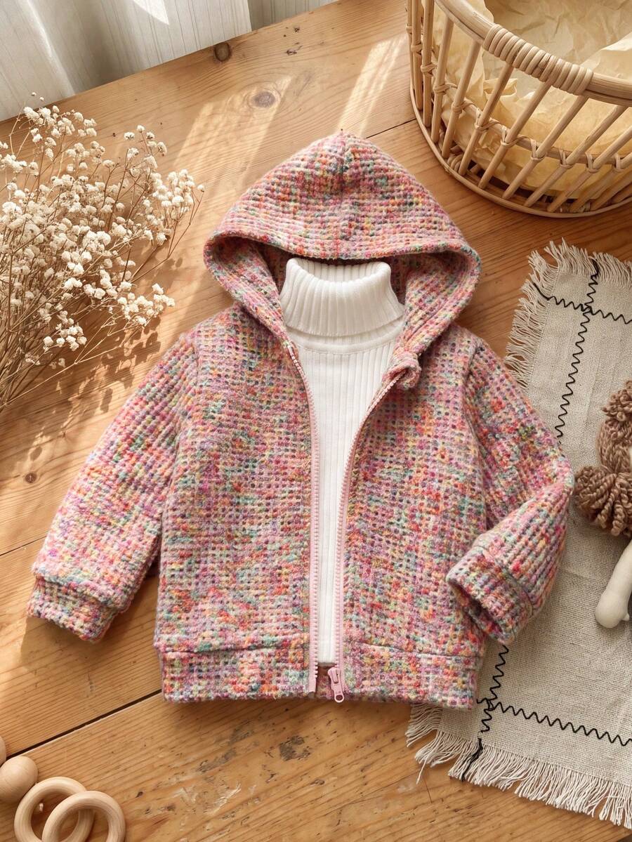 SHEIN Vintaside Kids 女嬰秋季長袖連帽時尚復古休閒外套,適合涼爽天氣,戶外旅行、度假或日常休閒出遊、購物、散步 - 藕粉色 - 查看 1