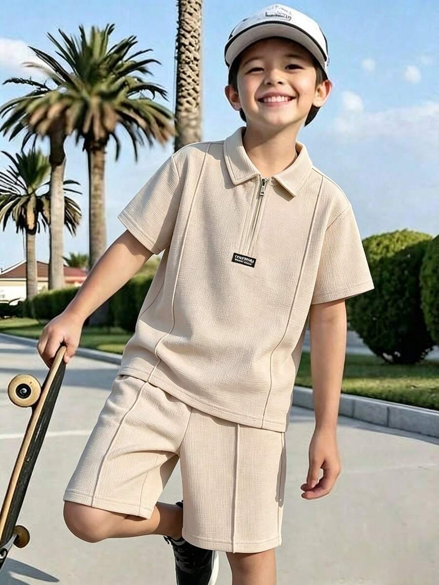 青少年男孩夏季杏色休閒極簡純色華夫格紋 Polo 衫短袖上衣與短褲套裝,寬鬆舒適版型,適合日常外出、學校活動、家庭聚會、戶外玩樂 - 卡其色 - 查看 1