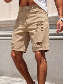 Manfinity LEGND Men's Spring/Summer Street Style Casual Distressed Ripped Straight Leg Khaki Denim Shorts - Khaki - View 3