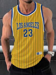 Manfinity Homme Men's Letter Stripe Crew Neck Casual Versatile Tank Top - Yellow - View 1