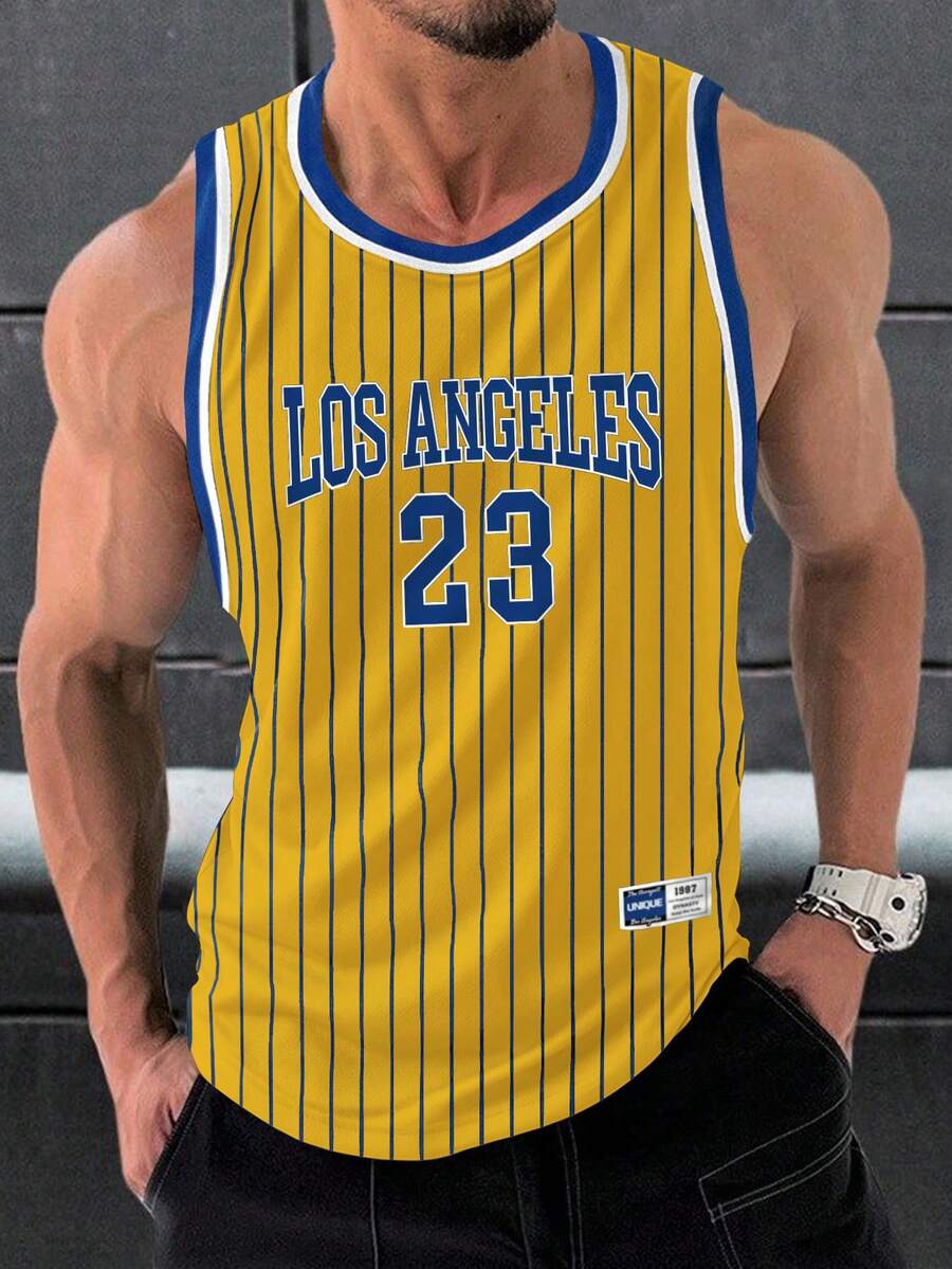 Manfinity Homme Men's Letter Stripe Crew Neck Casual Versatile Tank Top - Yellow - View 1