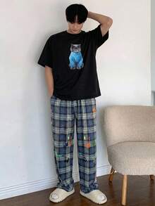 DAZY Men's Round Neck Cat Print Short Sleeve Top And Plaid Long Pants Casual Daily Home Wear Set - Multicolor - View 4