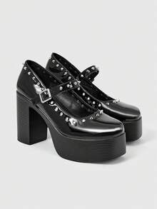 Sugerpunk Women's High-Heeled Thick-Soled Thick-Heeled Sandals, Punk Style, Dark Retro Square Toe, Rivet Circumference Design, Thick-Soled Shoes - Black - View 2
