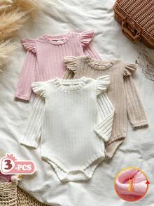 SHEIN Vintaside Kids 女嬰 3件組可愛荷葉袖多色羅紋針織連身衣套裝，適合秋冬日常穿著 - 彩色 - 查看 1