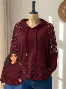 Rusticease Sudadera con capucha de talla grande, unicolor con patchwork de encaje - Burdeos - Ver 1