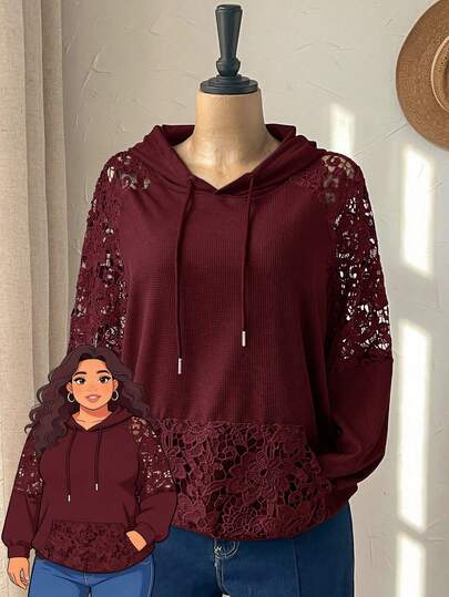 Rusticease Sudadera con capucha de talla grande, unicolor con patchwork de encaje, vacaciones, burdeos, otoño, elegante, casual, formal, Hawái, Hawái, invierno, otoño, moda de otoño 2026