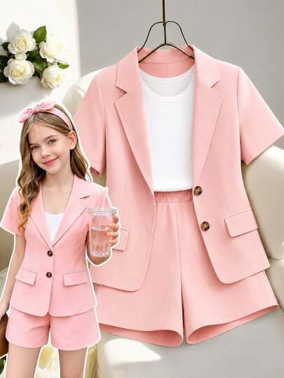 SHEIN Summer Thin Short-Sleeved Suit Set For Teens, New Elegant Style Performance And Speech Outfit