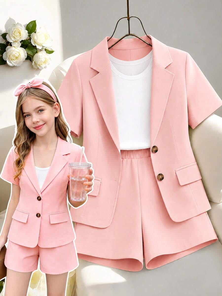 SHEIN Summer Thin Short-Sleeved Suit Set For Teens, New Elegant Style Performance And Speech Outfit - Pink - View 1