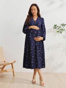 SHEIN Maternity Floral Print Button Nursing Functional Pleated Vacation Dress Fall - Navy Blue - View 3