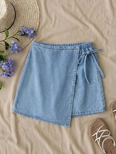 Teen Girl Side Knot Casual Light Blue Denim Skort Fall Graduation Y2k